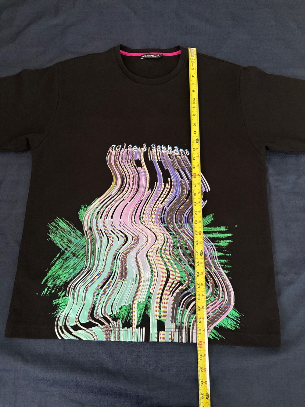 Dolce & Gabbana Black Tee with Iridescent Purple & Green Wave Graphic - Picture 3 of 7